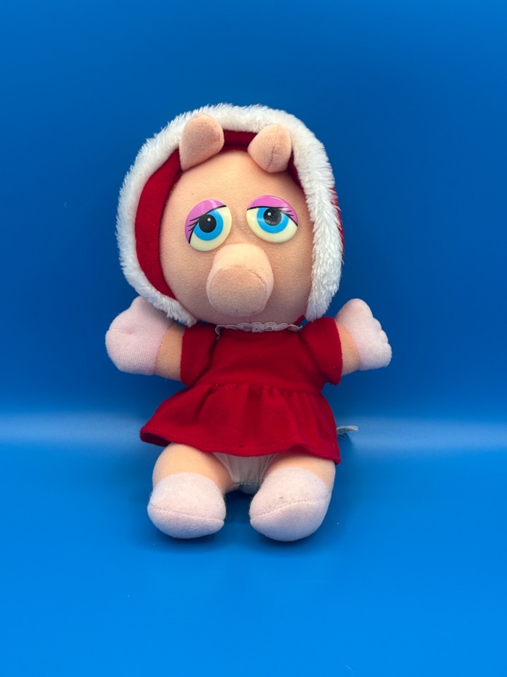 1987 Jim Henson Muppet Babies Baby Miss Piggy Plush Red Holiday Dress Hood Doll